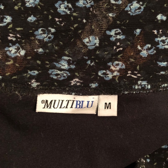 Vintage 90s black blue floral print mesh long sleeve top, size small/med - Picture 4 of 4